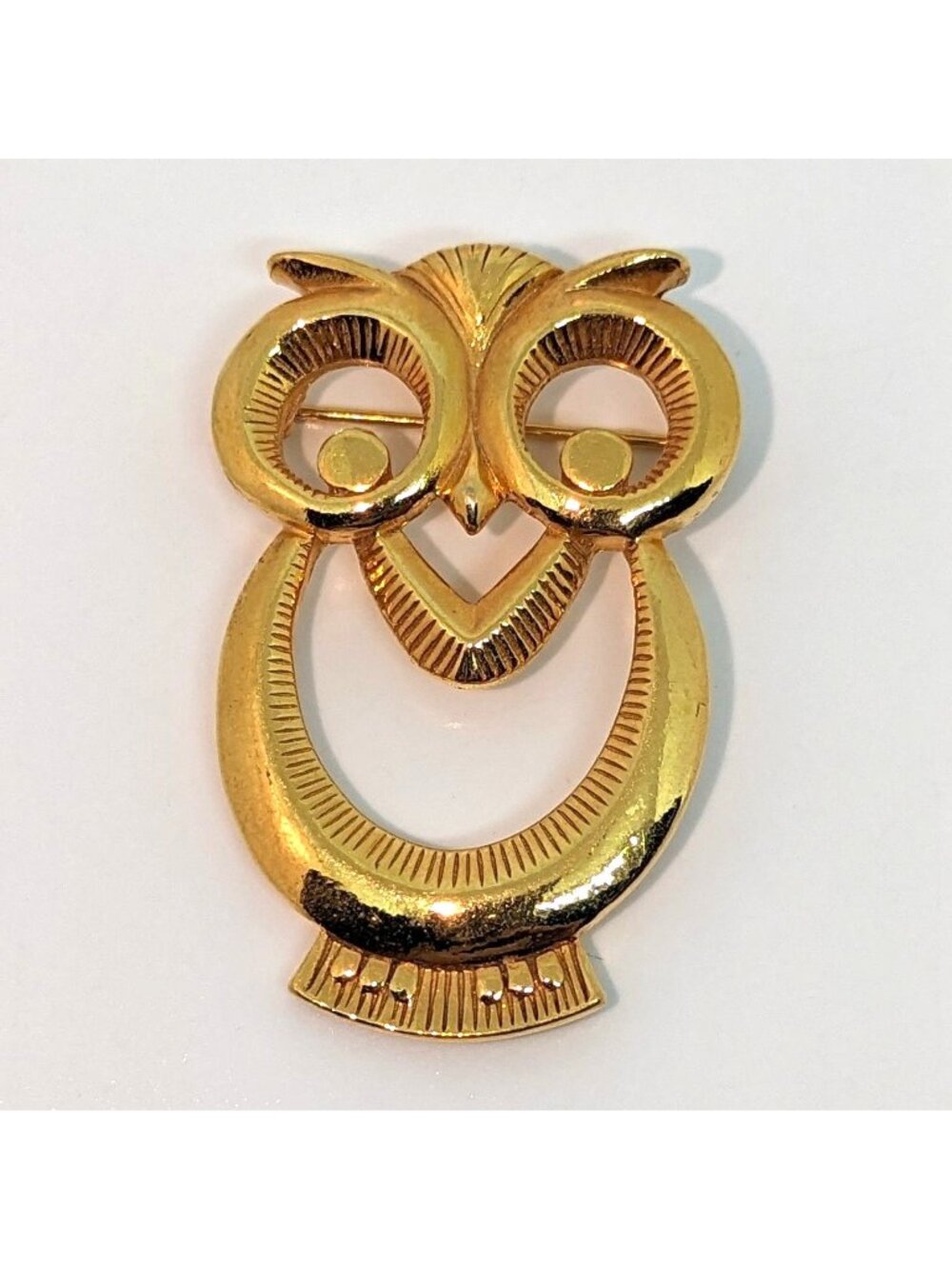 Vintage Avon Cut Out Owl Brooch Pin Gold Tone 90s MCM Art Deco Eyeglass Holder